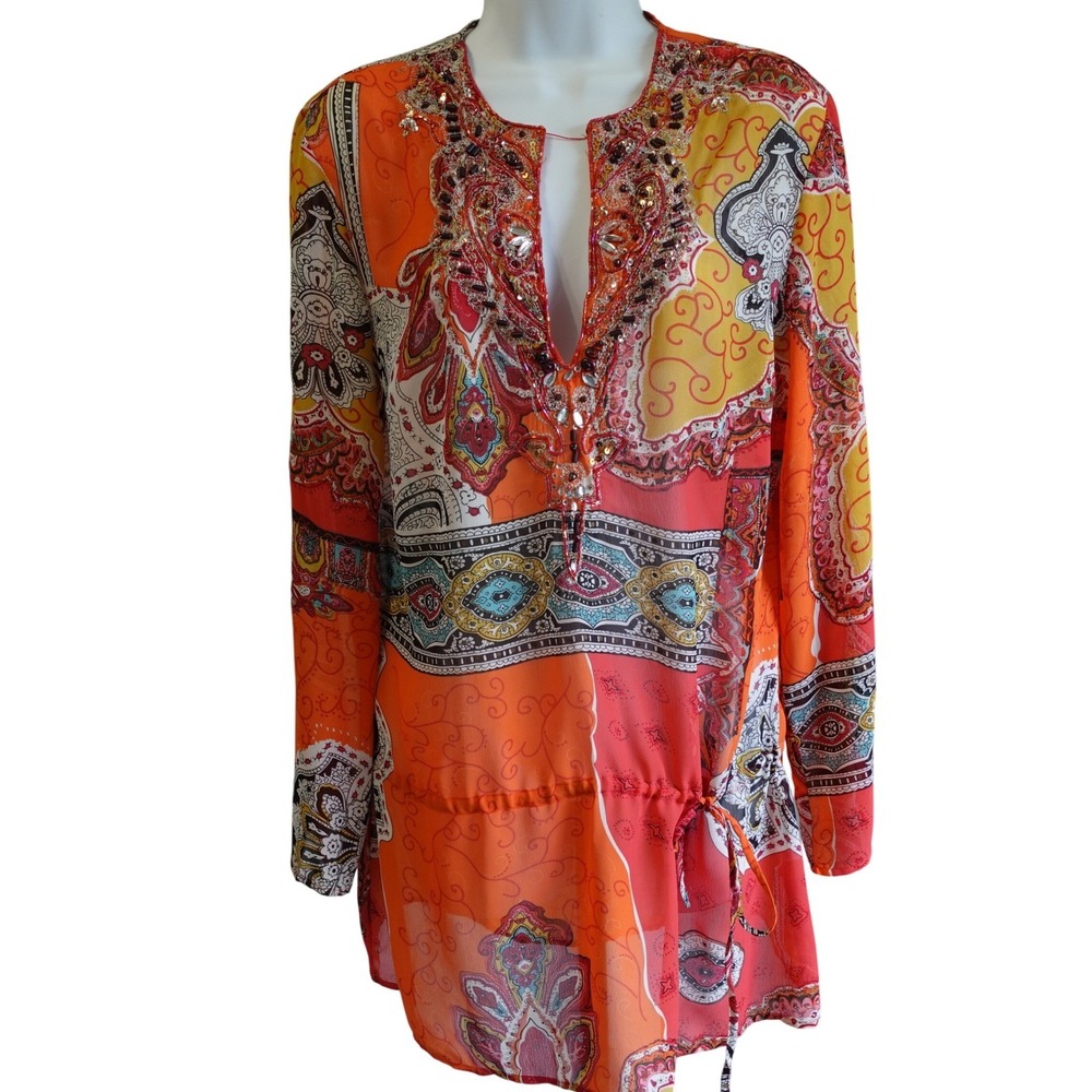 Womens Orange Paisley Beaded Sheer Tunic Top M Coverup Boho Resort Vacation